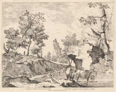 Landskap med herdinna och flock vid ett vattenhål av Domenico Bernardo Zilotti