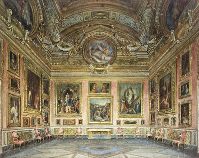 Palazzo Pitti, Florens: Sala di Saturno med Peruginos "Lamentation" flankerad av målningar av Fra Bartolommeo och Raphael, av Domenico Caligo