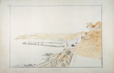Porto Maurizio sett från Oneglia, ca 1859, av Pasquale Domenico Cambiaso (1811-1894), Italien Blyertspenna och akvarell. av Domenico Cambiaso