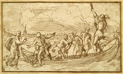Kristus och St Peter går på vattnet (penna & brunt bläck på papper) av Domenico Campagnola