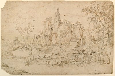 Fantasilandskap med vattenkvarn av Domenico Campagnola