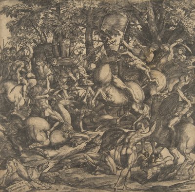Grupp av nakna män engagerade i strid i ett skogslandskap, några till häst, en hund vid..., 1517. av Domenico Campagnola