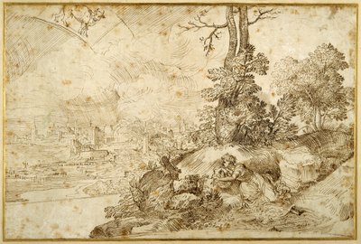 Landskap med astrologi (penna och brunt bläck på papper) av Domenico Campagnola