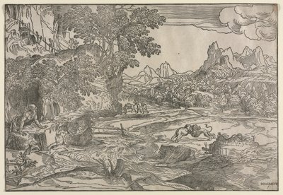 Landskap med Saint Hieronymus och två lejon av Domenico Campagnola