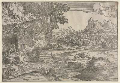 Landskap med Saint Hieronymus och två lejon, ca. 1530-35. av Domenico Campagnola