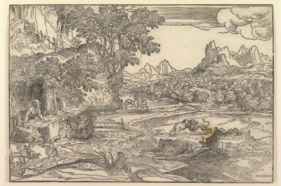 Landskap med Saint Hieronymus till vänster och tittar mot lejon och björn som slåss vid cente..., ca. 1530-35. av Domenico Campagnola