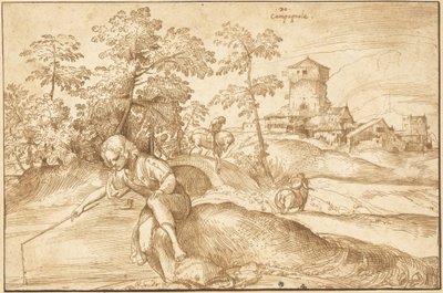 Landskap med en pojke som fiskar av Domenico Campagnola