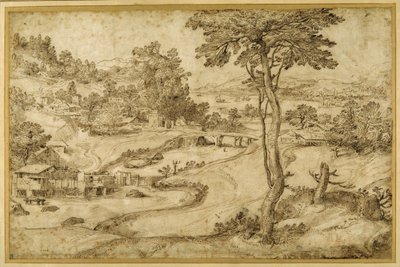 Landskap med en slingrande flod (penna & brunt bläck på vitt papper) av Domenico Campagnola
