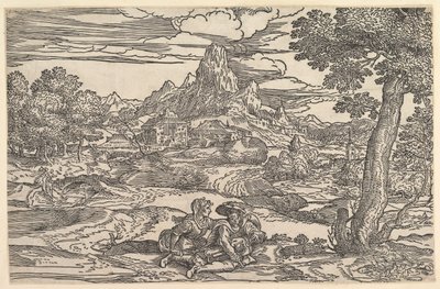 Landskap med en kvinna som sitter bredvid en man som spelar en gurd, ca. 1540. av Domenico Campagnola