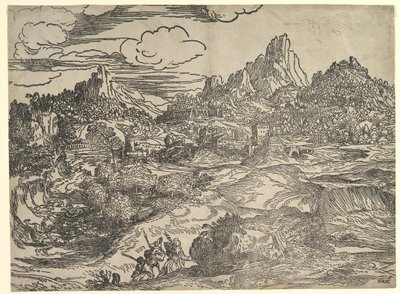Landskap med familj som går tillsammans i förgrunden, till vänster två figurer med ..., ca. 1535-40. av Domenico Campagnola