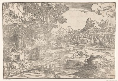 Landskap med Hieronymus och två lejon av Domenico Campagnola