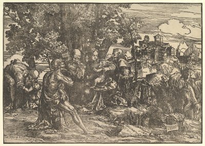 Maria satt under träd med baby, flankerad av Josef till vänster och St. Hieronymus till höger, St..., 1517. av Domenico Campagnola