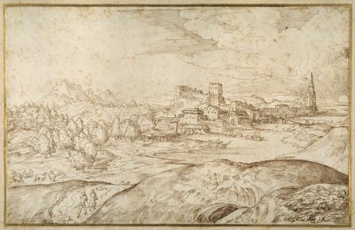 Bergigt landskap med en flod och en befäst stad med ett torn med torn (penna och brunt bläck på vitt papper) av Domenico Campagnola