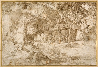 Pilgrimer som besöker St Hieronymus i vildmarken (penna & brunt bläck på vitt papper) av Domenico Campagnola