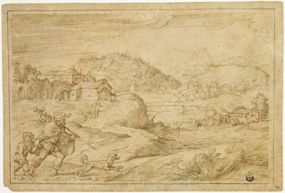 Flodlandskap med Saint Roch och ett barn som reser med hund av Domenico Campagnola