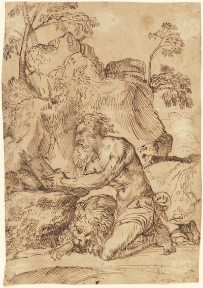 Saint Jerome läser i vildmarken av Domenico Campagnola