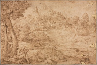 Saint Hieronymus i ett landskap av Domenico Campagnola