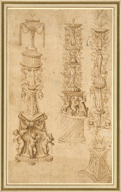Studier av tre ljusstakar av Domenico Campagnola