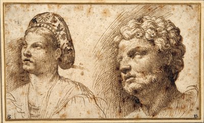 Studie av huvudet och axlarna på en ung kvinna som bär en balza och av huvudet på en skäggig man (penna och bläck på papper) av Domenico Campagnola