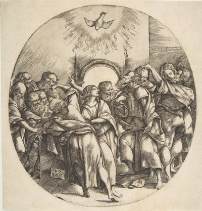 Den Helige Ande som en fågel som stiger ned med spridda vingar högst upp i mitten, de tolv apostlarna ..., 1518. av Domenico Campagnola
