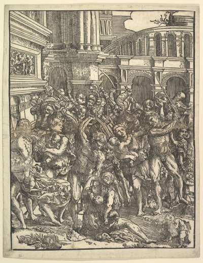 The Massacre of the Innocents Höger sida med en grupp mansfigurer som attackerar kvinnor och ..., 1517. av Domenico Campagnola