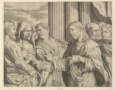Tribute Money: Kristus i mitten till höger och gestikulerar till mannen till vänster med mynt ..., ca. 1564-89. av Domenico Campagnola