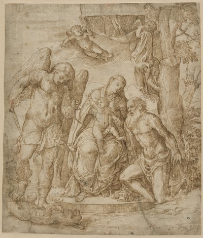 Jungfrun och barnet med de heliga Mikael och Hieronymus, ca 1520-25 av Domenico Campagnola