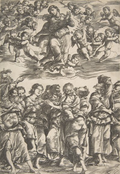 Jungfrun högst upp i mitten i moln med knäppta händer och höger fot upphöjd, omgiven av..., 1517. av Domenico Campagnola