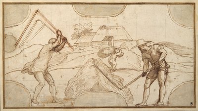 Två bönder som tröskar (penna & brunt bläck med brun tvätt på papper) av Domenico Campagnola