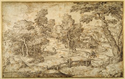 Skogbevuxet landskap med en bondgård och en träbro över en sluss (penna & brunt bläck på papper) av Domenico Campagnola