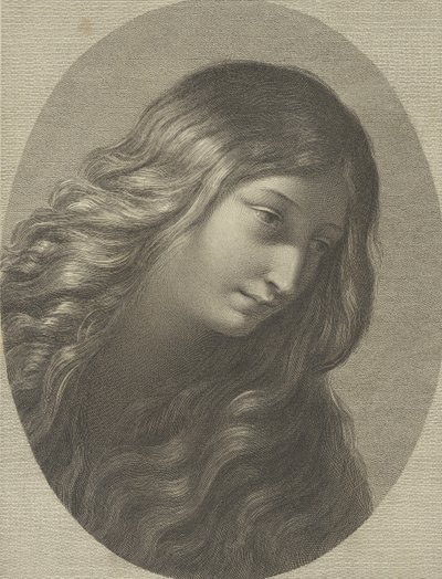 Huvudet på Maria Magdalena tittar ner till höger, i en oval ram, efter Ren..., ca. 1745-1803. av Domenico Cunego