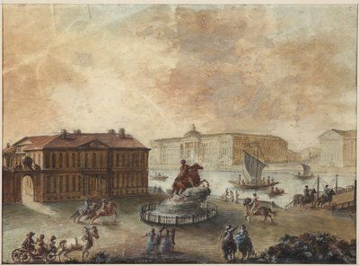 Ryttarstatyn av Peter den store på Senatstorget (place de Senat, place des decembristes ouplace de Pierre) - Domenico Felice Lamoni (1745-1830). Akvarell och vit färg på papper, efter 1782. Statens museum för Sankt Petersburgs historia av Domenico Felice Lamoni