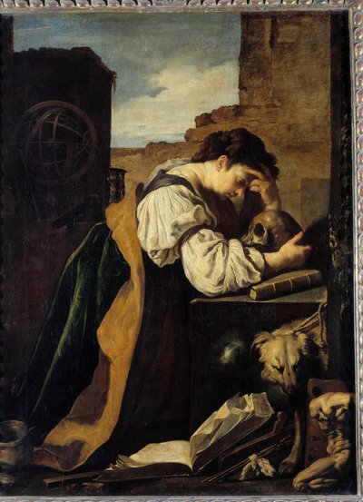 Melancholia En ledsen ung kvinna böjer sig över ett skallehuvud, en armillarsfär bakom henne. Målning (Vanity) av Domenico Feti (1589-1624) Sön. 1,71x1,28 m. av Domenico Feti