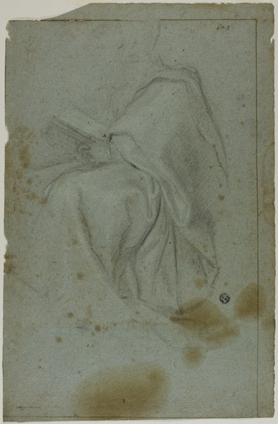 Sittande draperad mansfigur med bok (recto); Två sittande kvinnor med skiss av vänster hand (verso) av Domenico Fiasella