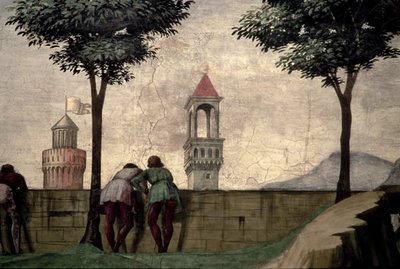 Män som tittar över en vägg, från visitationen av Domenico Ghirlandaio