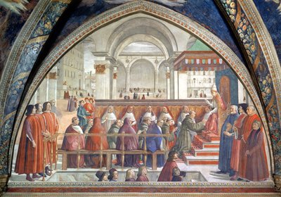 S:t Franciskus tar emot ordensregeln från påven Honorius, scen från en cykel av St Francis av Assisis liv, 1486 (se även 52660 och 176888) av Domenico Ghirlandaio