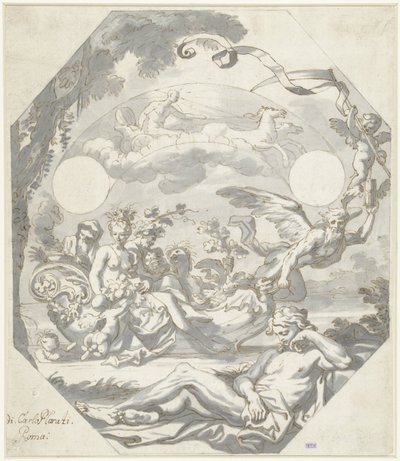 Design för en urtavla med en mytologisk allegori av Domenico I Piola (attributed to)