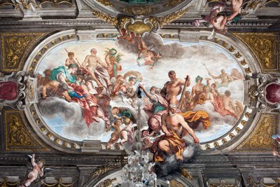 Erbjudandet till Jupiter om nycklarna till Janustemplet (eller fredsallegorin), taket på det ädla golvet, c.1665 (fresk) av Domenico I Piola