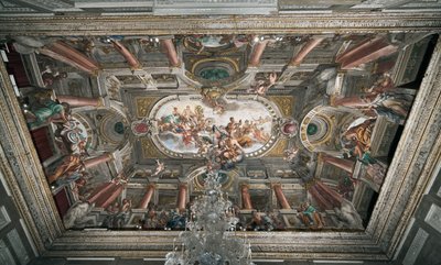 Erbjudandet till Jupiter om nycklarna till Janustemplet (eller fredsallegorin), taket på det ädla golvet, c.1665 (fresk) av Domenico I Piola
