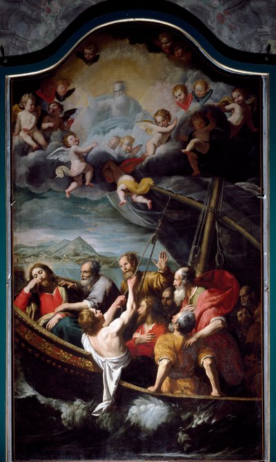 Sankt Nikolaus stillar stormen. Målning av Domenico Fiasella dit il Sarzana (1589-1669) Sestri Ponente, kyrkan Santa Maria dell