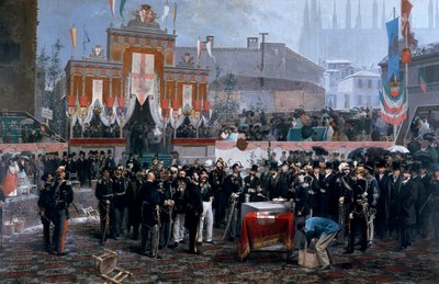 Ceremoni för nedläggning av grundsten till Galleria Victor Emmanuel II i Milano, 7 mars av Domenico Induno