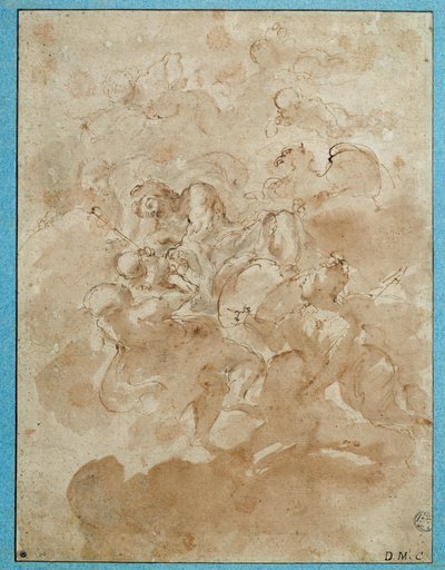Jupiter anförtror Bacchus till Mercure Drawing med brun tvätt och blod av Domenico Canuti (1620-1684) Paris. Louvren av Domenico Maria Canuti