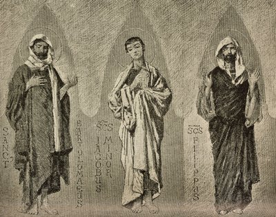 Saints Bartholomew, James the Less and Philip, tecknade serier av Domenico Morelli för mosaik i Amalfikatedralen, Italien, teckning av P Scoppetta, gravyr från L