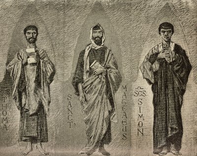 Saints Thomas, Mathew och Simon, tecknade serier av Domenico Morelli för mosaik i Amalfikatedralen, Italien, teckning av P Scoppetta, gravyr från L