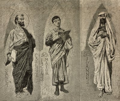 Sints Paul, James den store och Johannes, tecknade serier av Domenico Morelli för mosaiken av Amalfikatedralen, Italien, teckning av P Scoppetta, gravyr från L