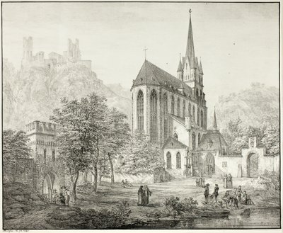 Collegiate Church of Our Lady, med slottet Schönberg vid Oberwesel vid Rhen av Domenico Quaglio