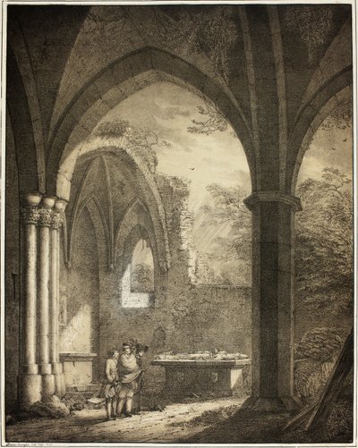 Ruin av Our Lady Church med gravstenarna av Genevieve och greve Palatine Siegfried i Moseldalen nära Andernach, från samling av minnesvärda medeltida byggnader i Tyskland av Domenico Quaglio