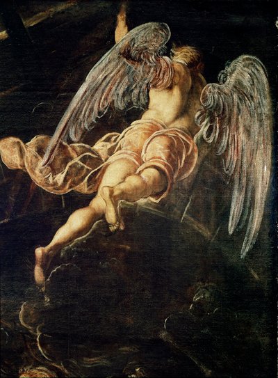 Jesu Kristi nedstigning till limbo Detalj av en ängel. Målning av Jacopo Robusti detto il Tintoretto (Tintoret av Domenico Robusti Tintoretto