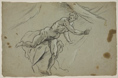 Naken kvinna med ett tygstycke i händerna som hastigt lämnar ett tält av Domenico Tintoretto