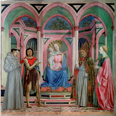 Altartavla av Santa Lucia dei Magnoli: Madonna och barn med Saint Lucia, Saint Francois, Johannes Döparen och Saint Zanobi (Zenobie) Detrempe på trä av Domenico Veneziano (Domenico di Bartolomeo) (början av 1400-talet-1461) 1455 ca. Sol. 209x213 c av Domenico Veneziano